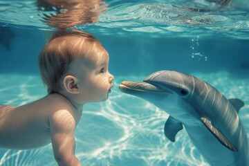 boy with a dolphin swimming in the pool.