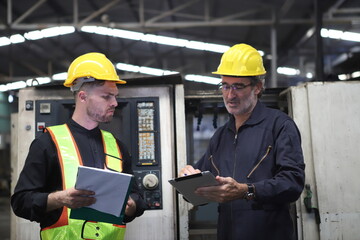 worker or engineer working in factory with safety uniform , safety hat and safety glasses , image is safety concept or happy workplace