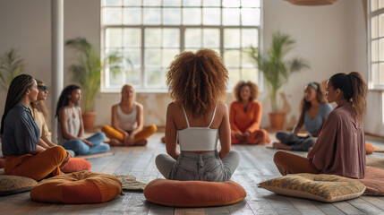 A serene image of women sitting in a yoga circle on cushions in a bright studio, capturing the essence of mindfulness.