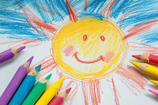 Happy sun with a smiling face in a blue sky 4 year old's simple scribble colorful juvenile crayon outline drawing