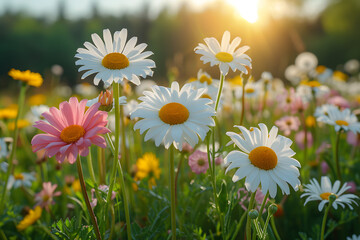 Meadow with lots of white and pink spring daisy flowers and yellow dandelions in sunny day - obrazy, fototapety, plakaty