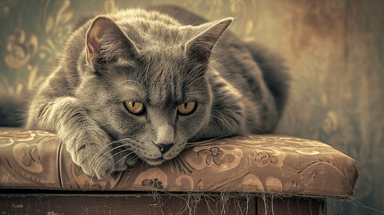 Blue cat resting on an old sofa