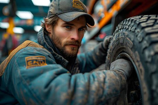Mid adult mechanic repairing wheel of truck while working in garage