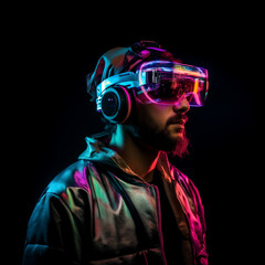 image of a man wearing augmented reality glasses - 728084901