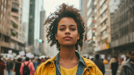 A determined feminist woman marching proudly down a bustling city street, her unwavering gaze fixed on the horizon, as she paves the way for future generations of women. - obrazy, fototapety, plakaty