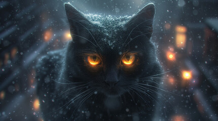 Portret of black tomcat in the snow - obrazy, fototapety, plakaty