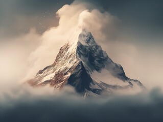 Obraz premium Mountain Peak Piercing Clouds Aspiration and Achievement Isolated on White Background AI Generated