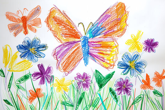 Butterfly garden with vibrant flowers 4 year old's simple scribble colorful juvenile crayon outline drawing