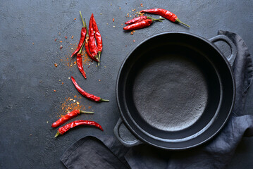 Culinary background with empty cast iron pan , napkin and spoon. Top view with copy space.