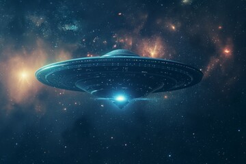 Obraz premium Flying saucer in space. Backdrop with selective focus and copy space