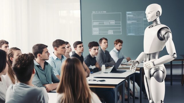 robot cyborg is teaching students. Futuristic education concept. Artificial intelligence is coming. Generative AI