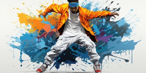 Colorful illustration of a dancer in splashes of paint pop art. Dancing, breakdancing art, colorful graffiti, drawing. Dance school concept art, sports dancing, banner, advertising.