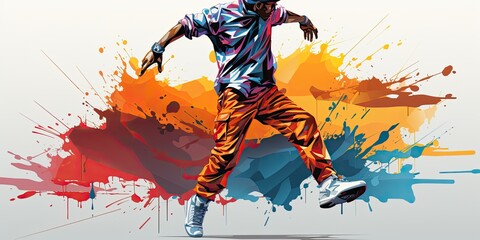 Colorful illustration of a dancer in splashes of paint pop art. Dancing, breakdancing art, colorful graffiti, drawing. Dance school concept art, sports dancing, banner, advertising.