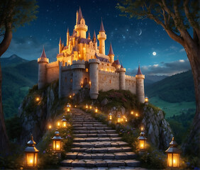 Fototapeta na wymiar A majestic and enchanted castle perched on a hill, surrounded by magical elements like floating lanterns or mystical creatures, magical fantasy castle illustration