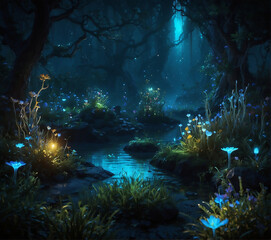 Obraz premium A fantasy world illuminated by bioluminescent plants, creatures, and magical landscapes. Colorful bioluminescence plants in the forest, crystals and glowing path, fireflies