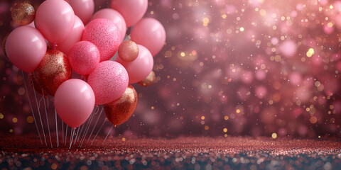 Viele fliegende Luftballons in pink und gold mit Konfetti und Textfreiraum, ai generativ - obrazy, fototapety, plakaty