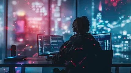  A guy programmer working with computer at his desk in cyber space glow in front of the window and city landscape in blue pink colors © NK Project