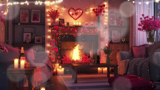 A cozy and romantic living room decorated for Valentine's Day.  romantic, love, valentine concept.seamless looping time-lapse virtual video animation background