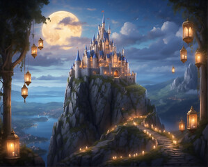  A majestic and enchanted castle perched on a hill, surrounded by magical elements like floating lanterns or mystical creatures, magical fantasy castle illustration