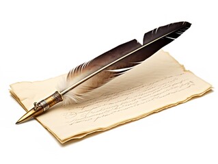 Quill Pen over Ancient Scroll History and Wisdom Isolated on White Background AI Generated