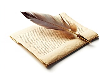 Quill Pen over Ancient Scroll History and Wisdom Isolated on White Background AI Generated