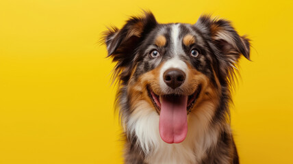 Advertising portrait, banner, smiling colored australian shepherd looking straight to the camera, isolated on yellow background