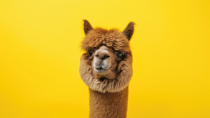 Naklejka premium Advertising portrait, banner, cheerfu brownl alpaca with trimmed hair, looks straight, isolated on yellow background