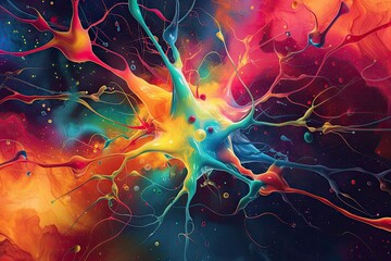 A vibrant and colorful illustration of neurotransmitters firing in the brain, representing chemical processes - obrazy, fototapety, plakaty