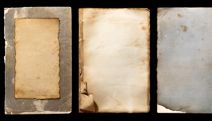 set collection of three stained grungy vintage antique paper sheets with ripped borders retro book page backgrounds textures or collage design elements over transparency