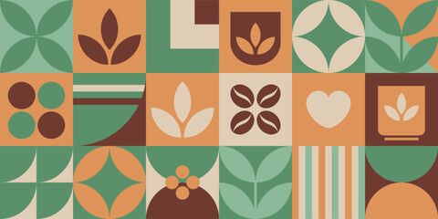 Pattern with coffee and tea theme in minimalistic style. Geometric illustration with flat colors. Print with abstract shapes for coffee shop, teahouse, food package, café wall, menu, background. - 728087783