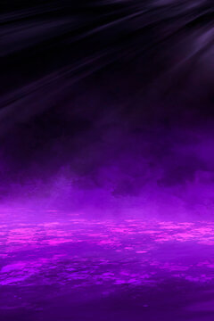 Abstract empty dark stage with purple smoke, neon, sparkles.