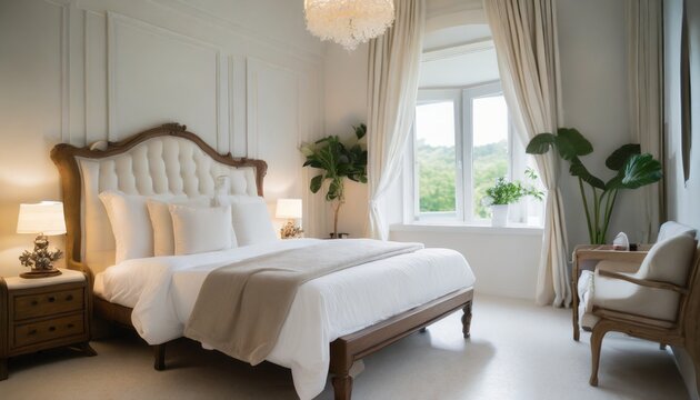 bedroom in soft light colors big comfortable double bed in elegant classic bedroom at home