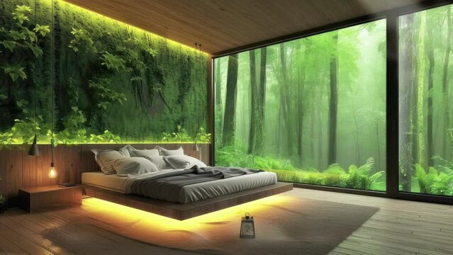 bedroom interior design with window view, seamless looping video background animation