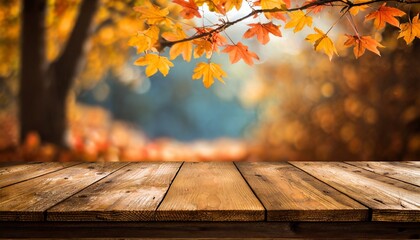 Naklejka na ściany i meble empty wooden table with autumn background