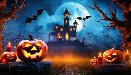 halloween night scene background with castle with halloween pumpkin within flames in the graveyard and bats in the night ai generation