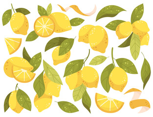 Lemon set. Tropical set with yellow lemons and green leaves. Vector illustration on white background