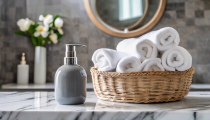 Obraz na płótnie Canvas gray ceramic bottle with white cotton towels in basket on marble counter over bathroom background