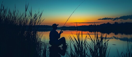 Silhouette: Man Fishing at Pond During Serene Sunset