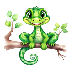 Cute lizard hanging on tree branch kind smiling eyes looking at the camera, flat cartoon hero icon illustration style, animal nature concept, isolated on white transparent background