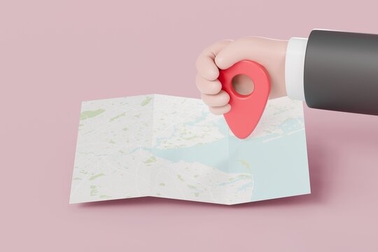 Fototapeta 3d Minimal hand holding Folded map and pin locate icon. 3D world map paper location concept, isolated on pink background, Element for Map, social media, Mobile Apps. 3d minimal cartoon. 3d rendering.