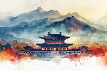 Culture of North Korea in watercolor colors. North Korean culture watercolor paint Illustration. Symbol of North Korea. North Korean Symbolism