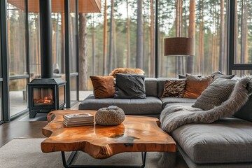 Fototapeta premium Scandinavian Home Interior with Live Edge Coffee Table, Sofas by Fireplace in Modern Living Room, House in Forest