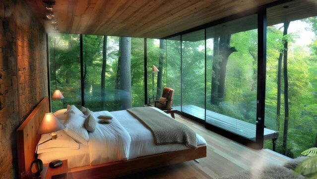 bedroom interior design with window view, seamless looping video background animation