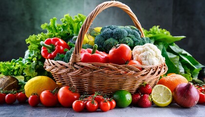assorted organic vegetables and fruits in wicker basket