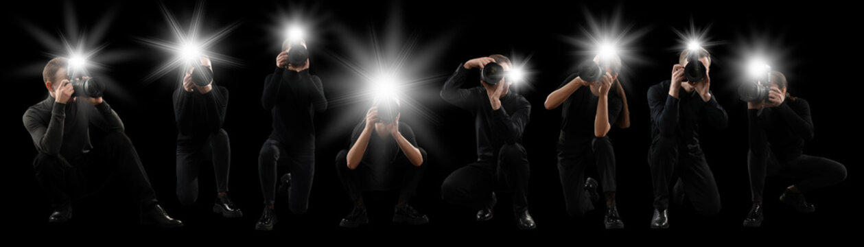 Group of photographers with cameras on black background, banner design. Paparazzi taking pictures with flashes