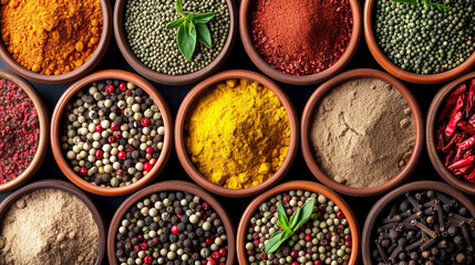 Colorful Spices Arrangement: A Vibrant Display of Indian Seasonings on Cups Against a Minimalist Background
