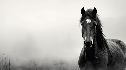 dark horse outdoors in the fog - obrazy, fototapety, plakaty