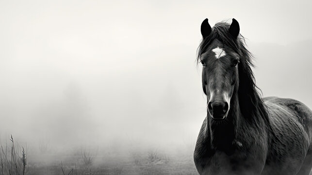 dark horse outdoors in the fog