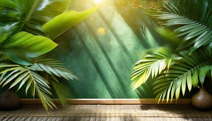 bali style template green background exotic tropical wall with green palm and banana leaves and atmospheric sunlight rays