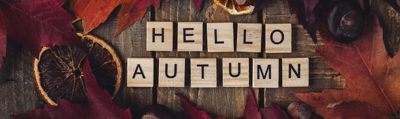 Hello autumn greeting card with fall leaves, pumpkins, walnuts on wooden board. Natural seasonal background. Cozy atmosphere. Flat lay top view macro banner